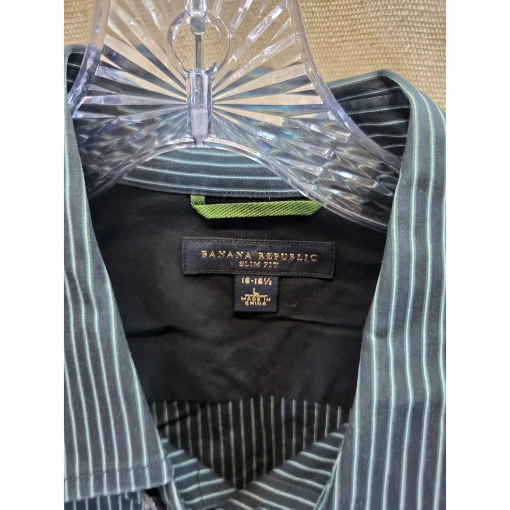 Banana Republic Slim Fit Mens Large Black Teal Pinstripe Button Down Shirt 2538